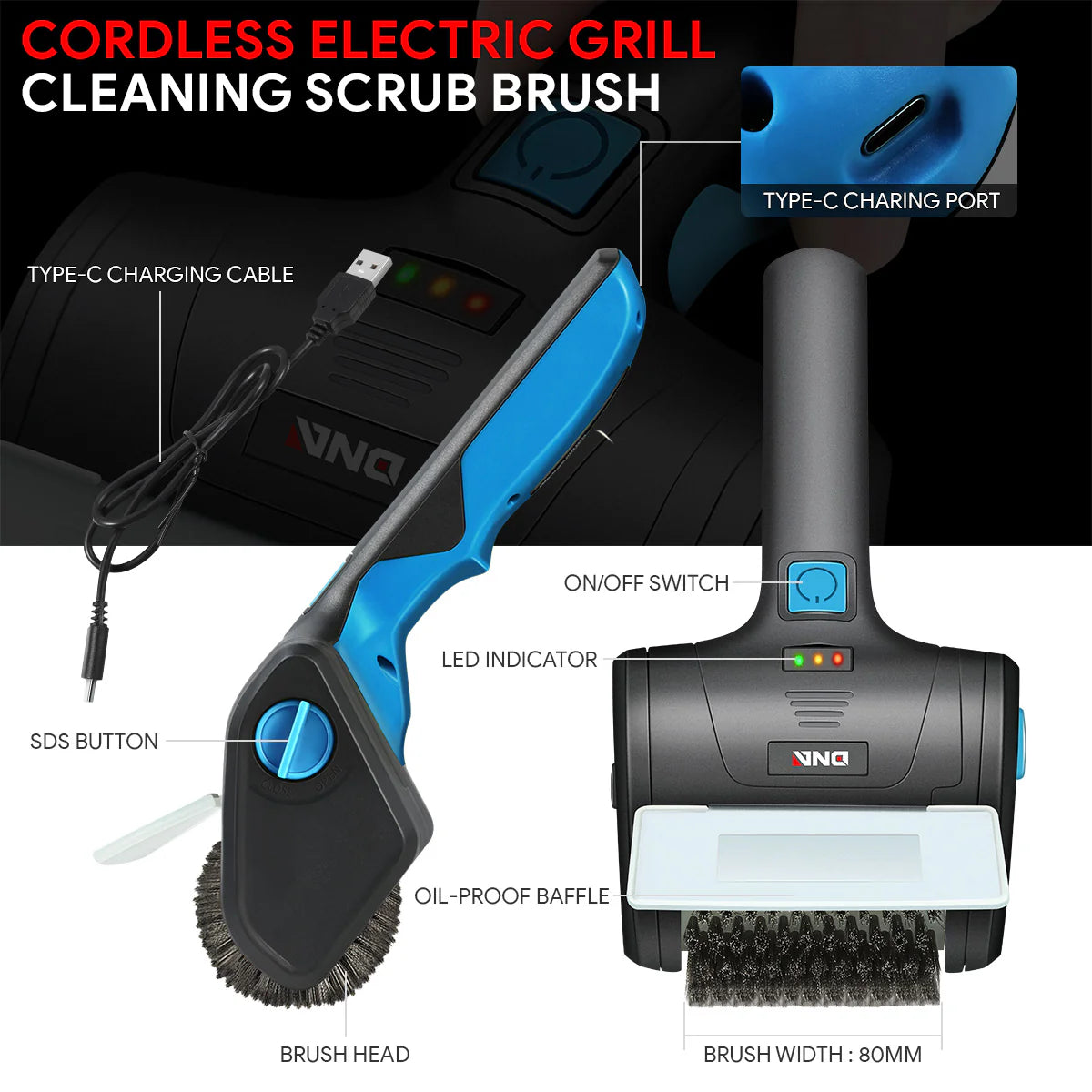 Cordless Power Grill Cleaning Scrub Brush w/Type-C Cable