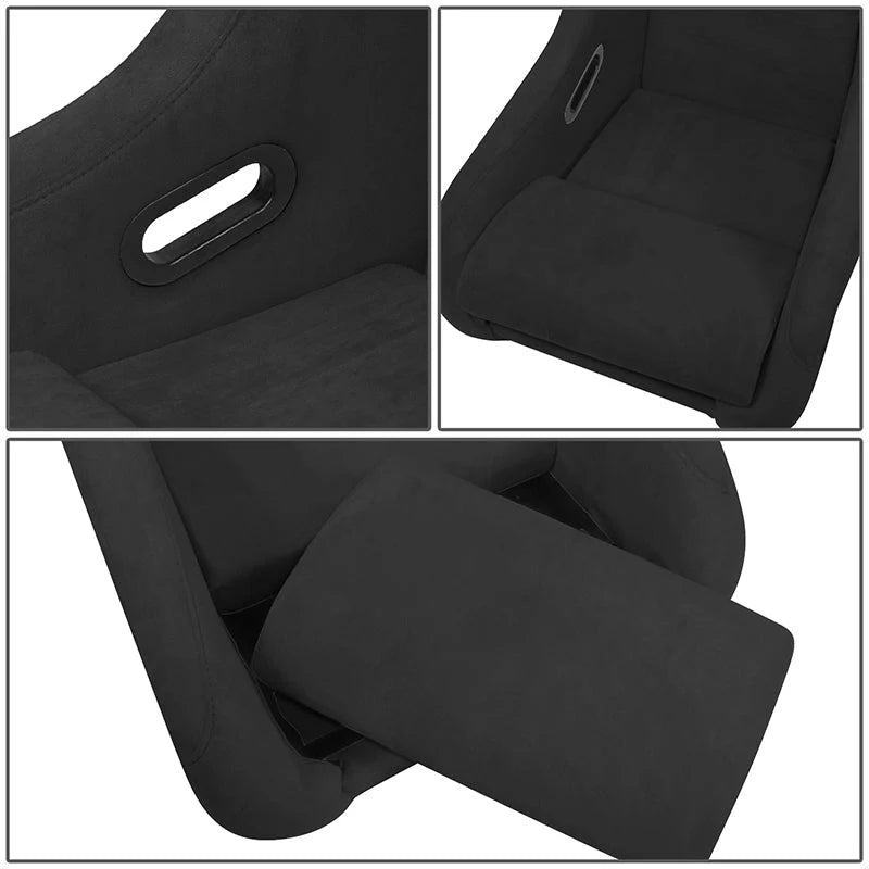 2Pcs Black Microfiber Suede Medium Racing Bucket Seats w/ Mount Brackets & Sliders Universal