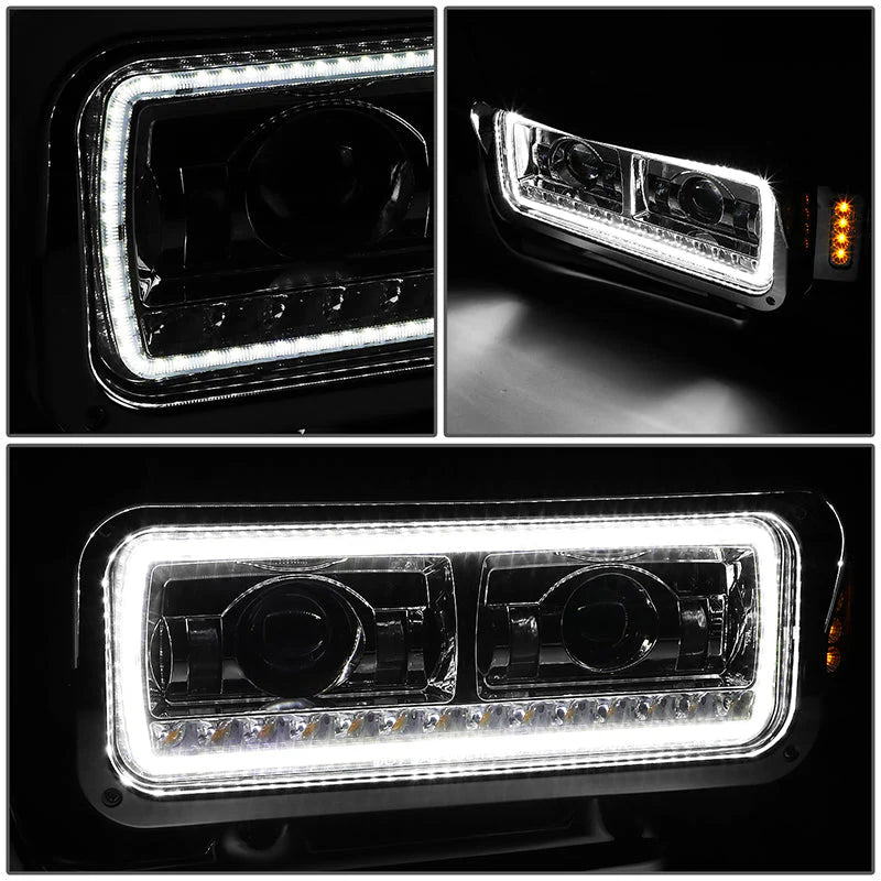 LED DRL Halo Sequential Projector Headlights 81-88 Peterbilt 359, 87-07 379, 08-21 389