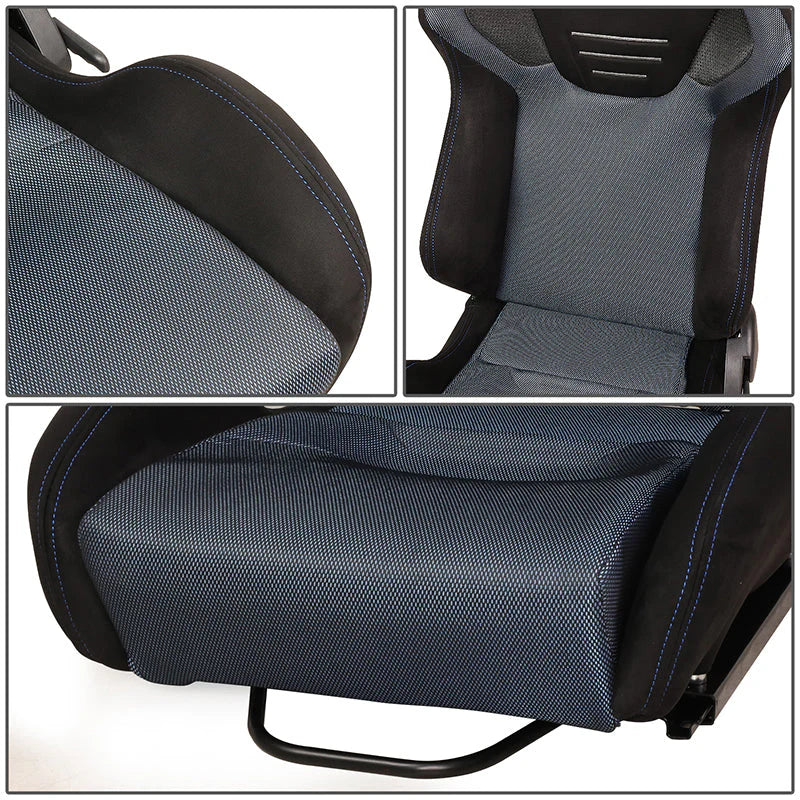 2Pcs Blue Microfiber Suede Reclinable Racing Bucket Seat w/ Sliders Universal