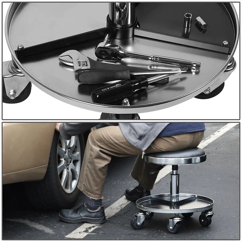 Adjustable Rolling Pneumatic Creeper Stool Seat w/Tool Tray