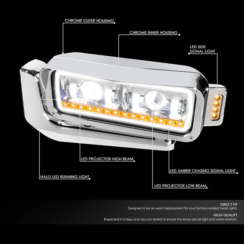 LED DRL Halo Sequential Projector Headlights 81-88 Peterbilt 359, 87-07 379, 08-21 389