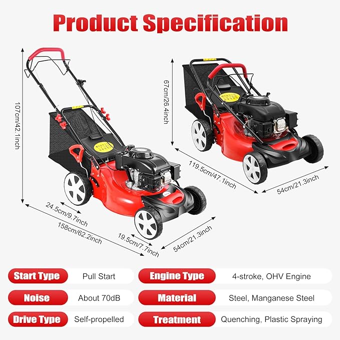 2026 Self Propelled Gas Lawn Mower, 20-Inch 140cc OHV Engine 3-in-1 Gas Mower,Adjustable Cutting Height for Sports Fields, Community Greening, Municipal Greening