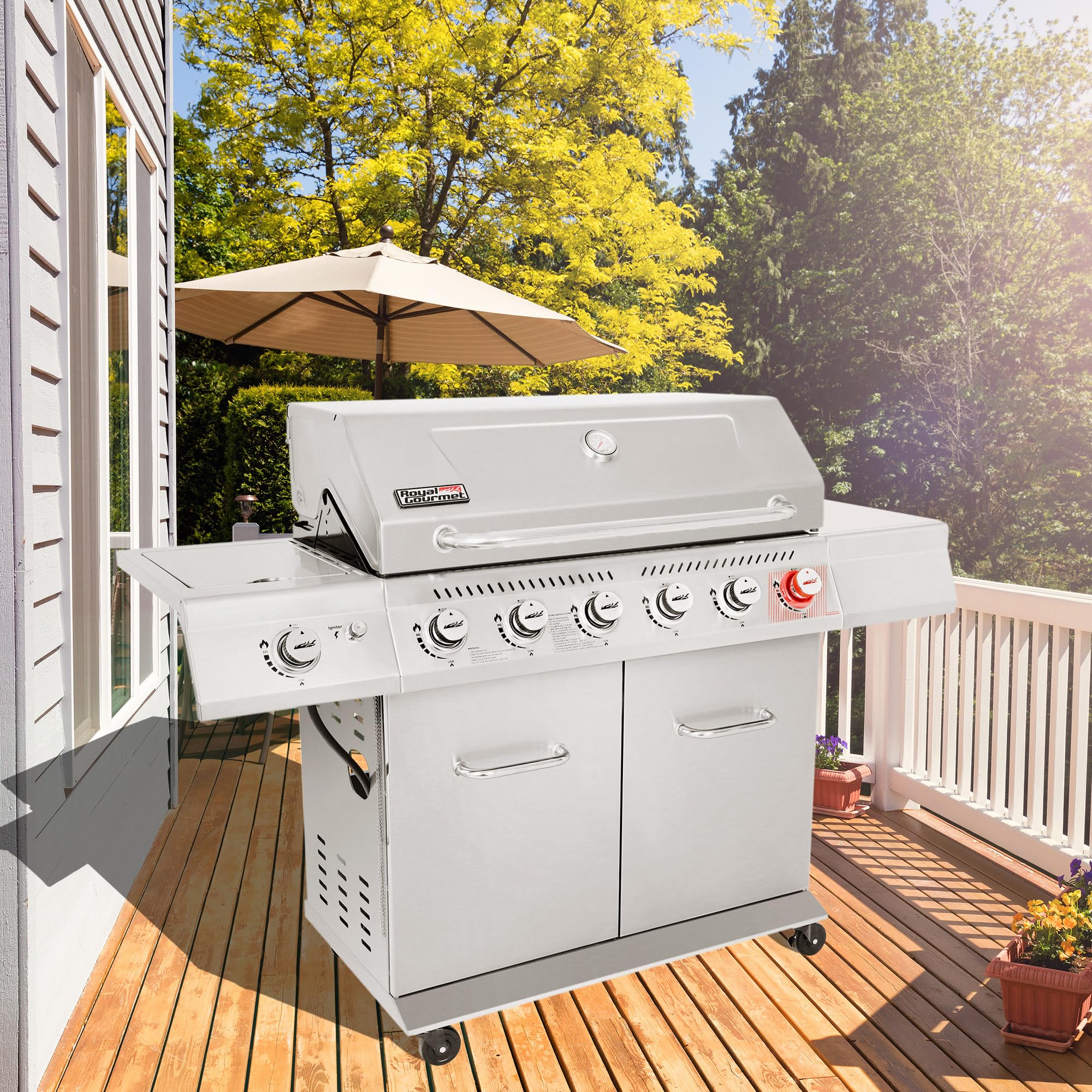 2026 Gourmet GA6402S Stainless Steel Gas Grill, Premier 6-Burner Propane Grill with Sear Burner and Side Burner, 74,000 BTU, Cabinet Style, Outdoor BBQ Party Grill, Silver