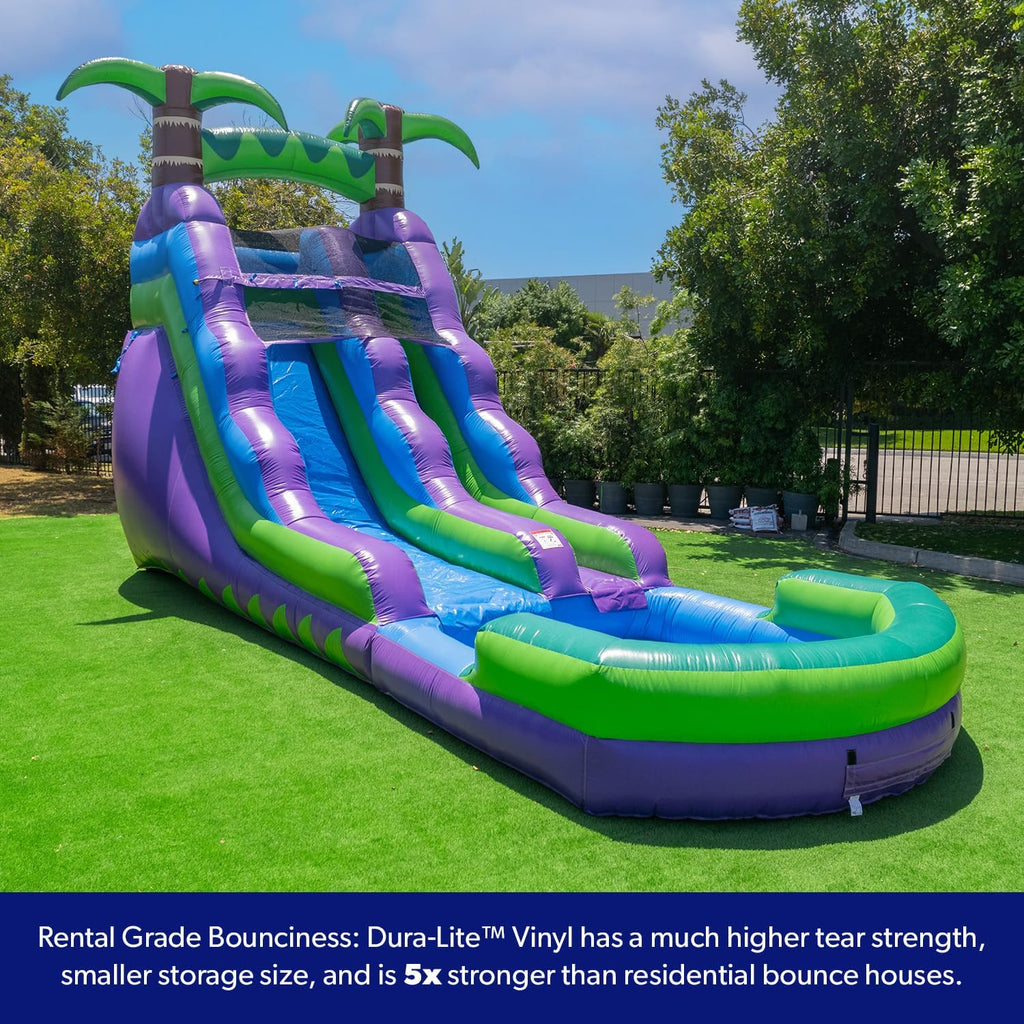 2026 HeroKiddo 16’ Purple Tropical Lightweight Premium Commercial Grade Water Slide Inflatable with Attached Pool for Kids and Adults (with Blower), Wet Dry Use, Summer Fun