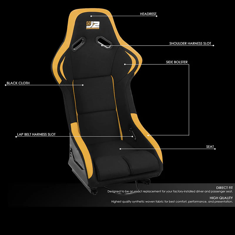 2 Pcs Yellow Fabric Bucket Racing Seats w/ Mount Brackets & Sliders Fits model w/ Aftermarket Seat Brackets
