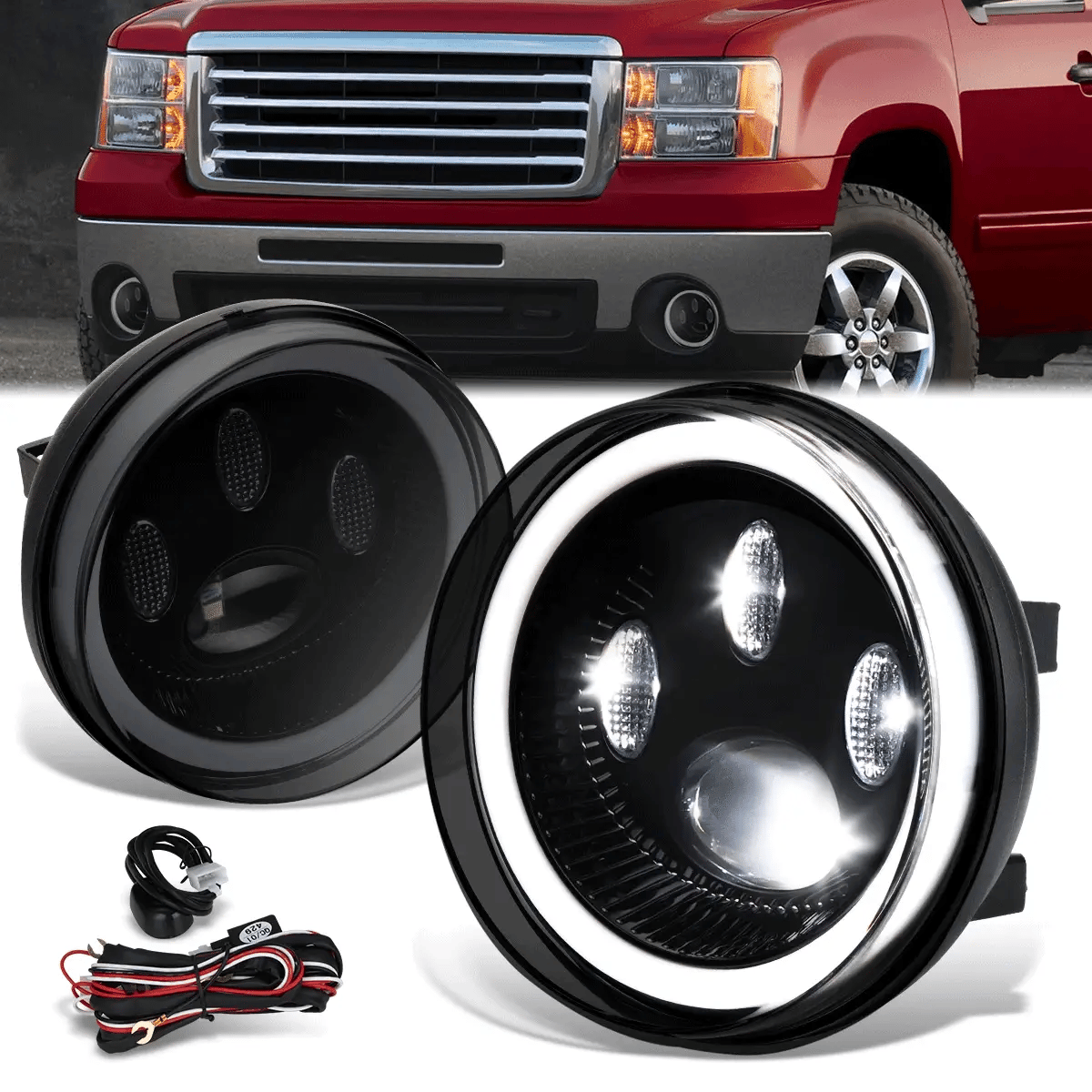 LED Halo Projector Fog Lights w/ Switch Wiring Harnesses 07-14 GMC Sierra 1500 2500 3500