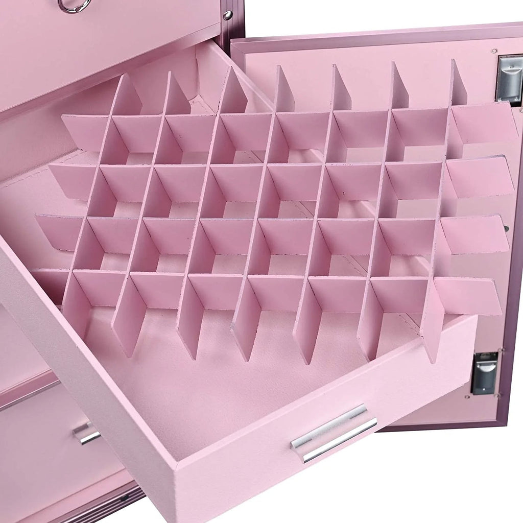 2026 Nail Desk Mobile Station Rolling Makeup Train Case Trolley Cosmetic Manicure Table Mirror 4 Drawers Pink