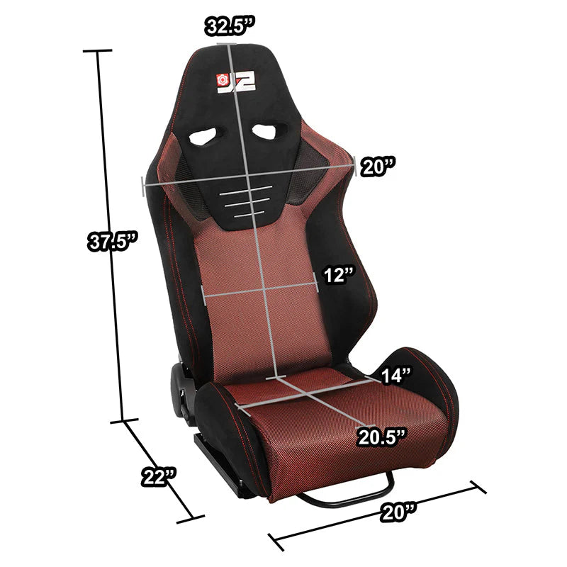 2Pcs Red Microfiber Suede Reclinable Racing Bucket Seat w/ Sliders Universal