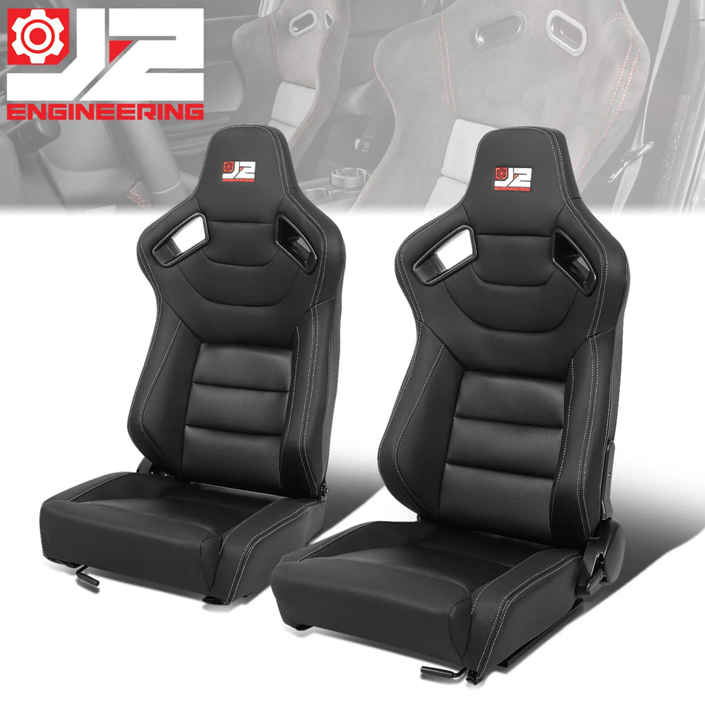 2 Pcs Black Synthetic Leather Racing Bucket Seats w/Mount Brackets & Sliders Universal