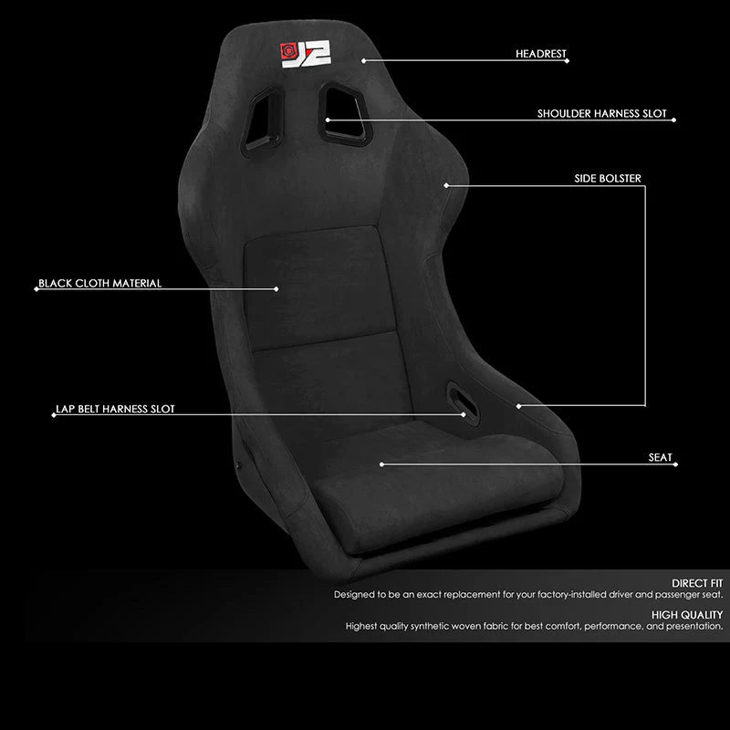 2Pcs Black Microfiber Suede Large Racing Bucket Seats w/ Mount Brackets & Sliders Universal