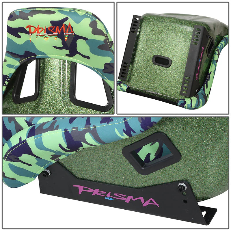 Green Camo Print Vegan Satin Bucket Racing Seat Universal