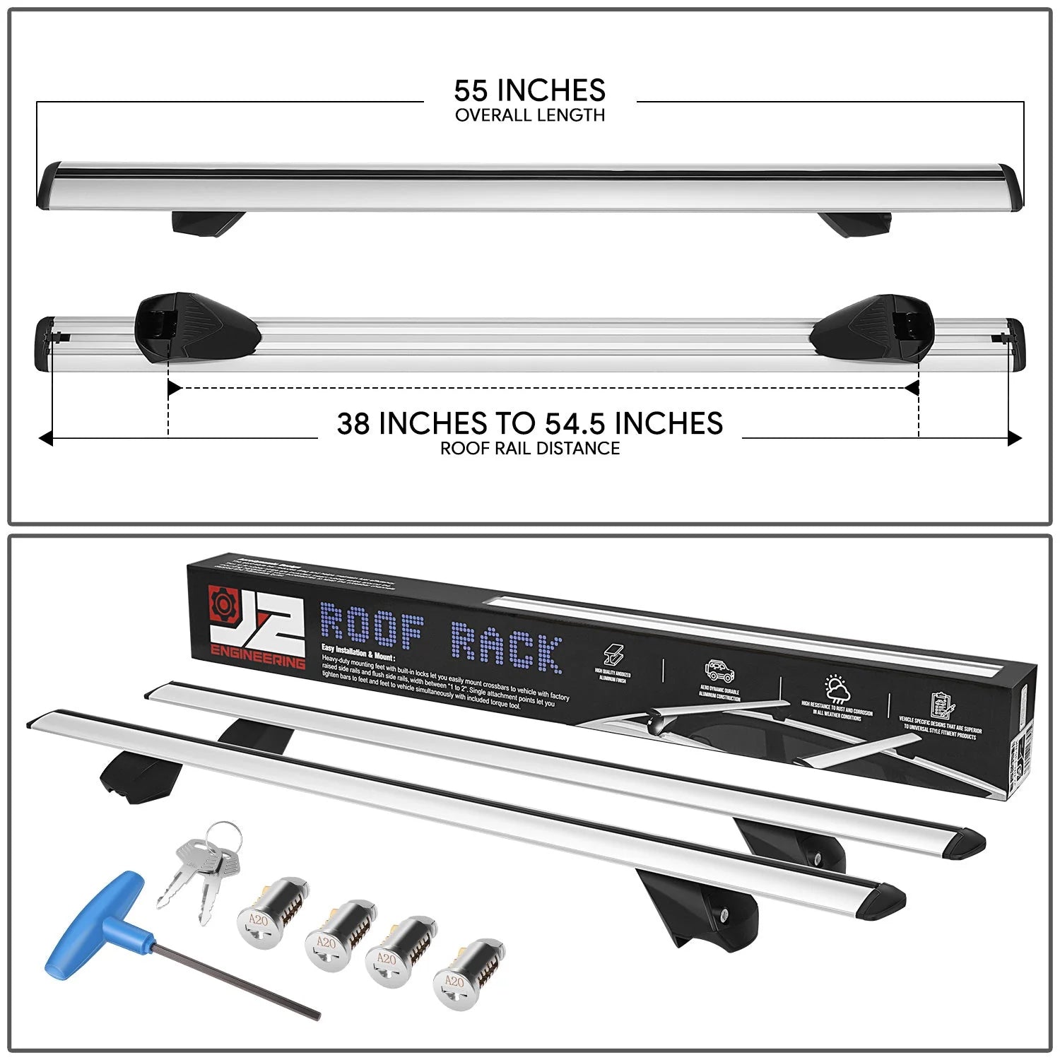 55 in. Adjustable Roof Rack Cargo CarrierCross Bar Fits Vehicles w/ Non Round Roof Rails