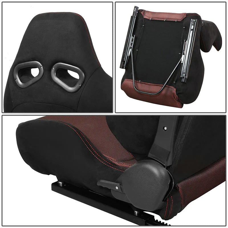 2Pcs Red Microfiber Suede Reclinable Racing Bucket Seat w/ Sliders Universal