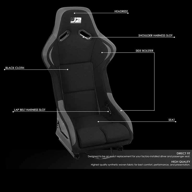 2 Pcs Grey Fabric Bucket Racing Seats w/ Mount Brackets & Sliders Fits model w/ Aftermarket Seat Brackets