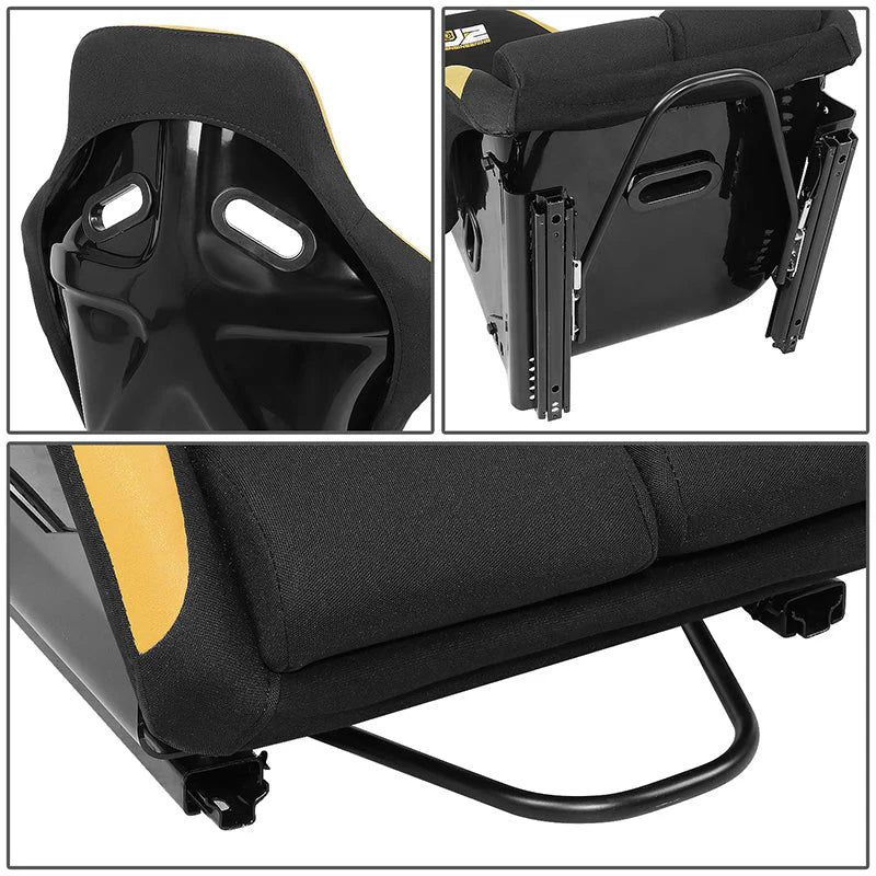 2 Pcs Yellow Fabric Bucket Racing Seats w/ Mount Brackets & Sliders Fits model w/ Aftermarket Seat Brackets