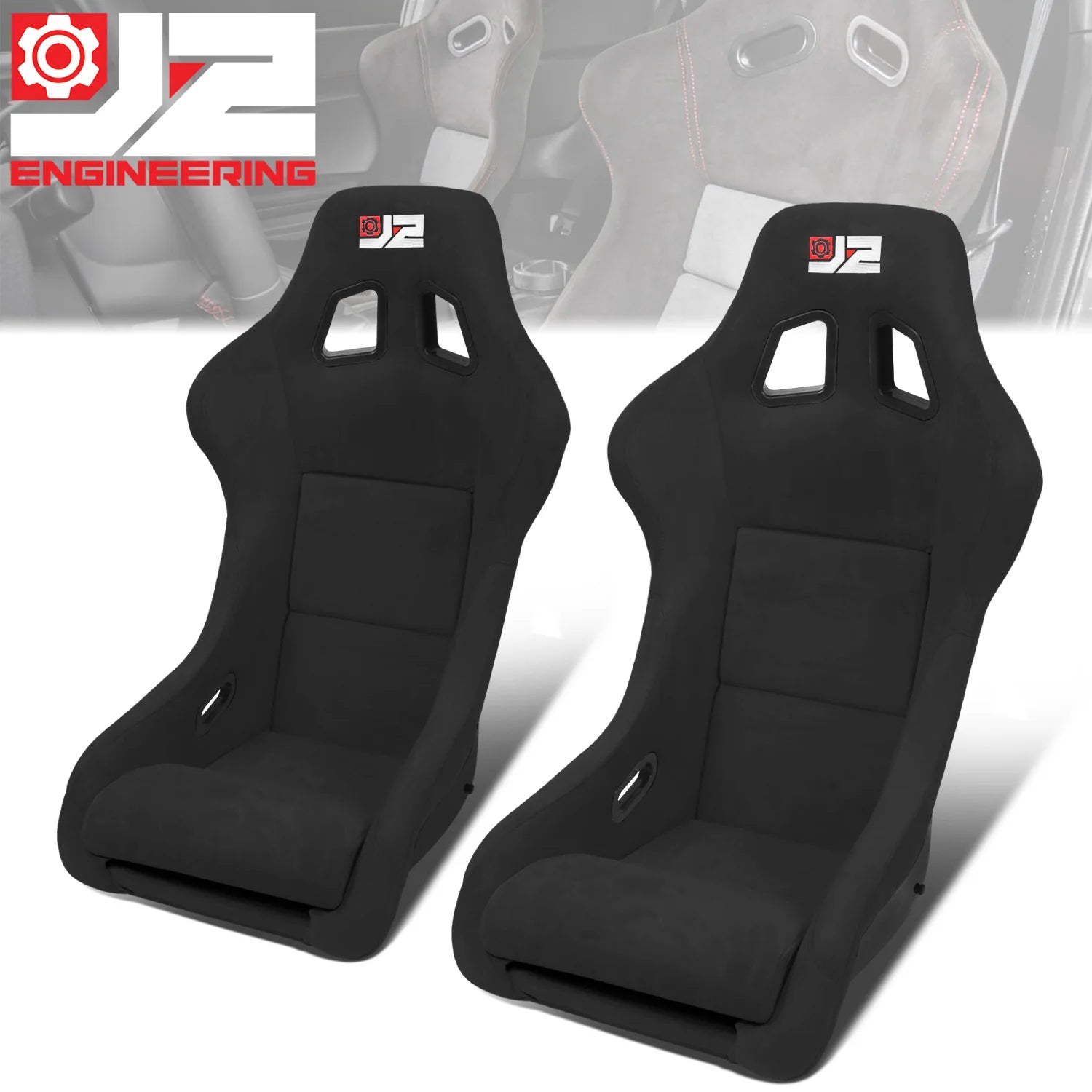 2Pcs Black Microfiber Suede Medium Racing Bucket Seats w/ Mount Brackets & Sliders Universal